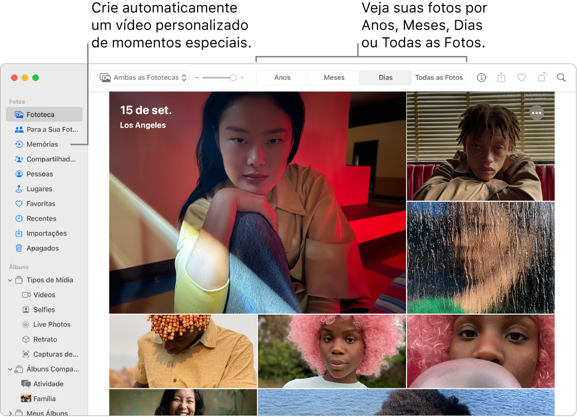 Janela do app Fotos mostrando o recurso Memórias na barra lateral esquerda e o menu local na parte superior, onde você pode ver as fotos do seu álbum por dia, mês e ano.
