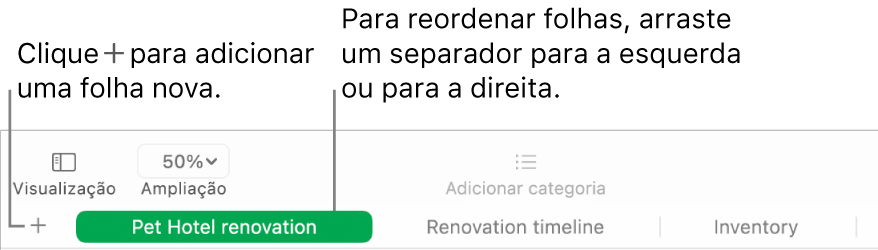 Uma janela do Numbers a mostrar como adicionar uma nova folha e como reordenar folhas.