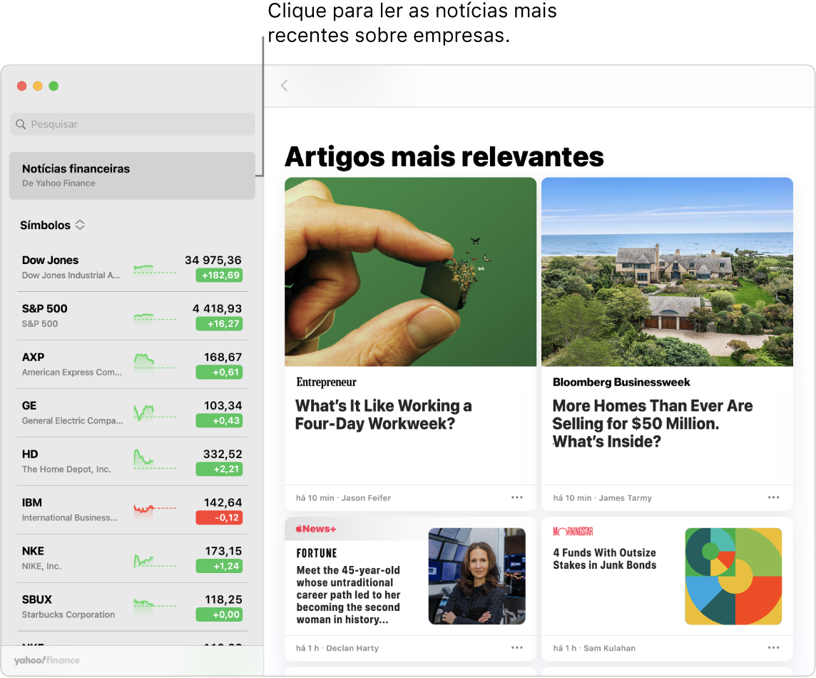 O painel da aplicação Bolsa a apresentar os preços de mercado numa lista de ações com os artigos mais relevantes.