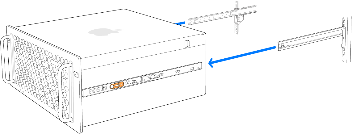 Mac Pro a ser removido das calhas que estão fixas a um suporte.