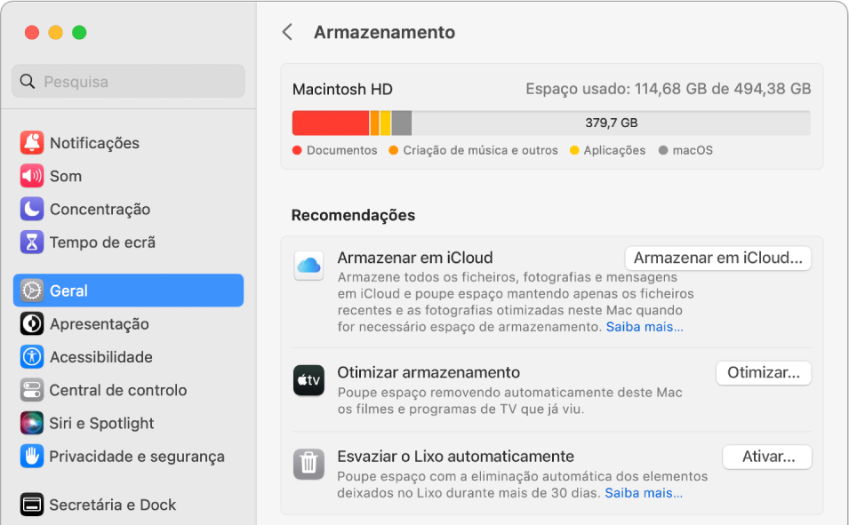 As definições de Recomendações para armazenamento, a mostrar as opções Armazenar em iCloud, Otimizar armazenamento e Apagar o Lixo automaticamente.