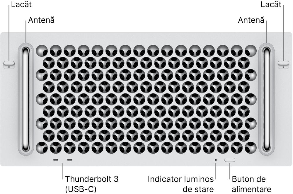 Partea din față a Mac Pro-ului afișând două porturi Thunderbolt 3 (USB-C), un indicator luminos de sistem, butonul de alimentare și antena.