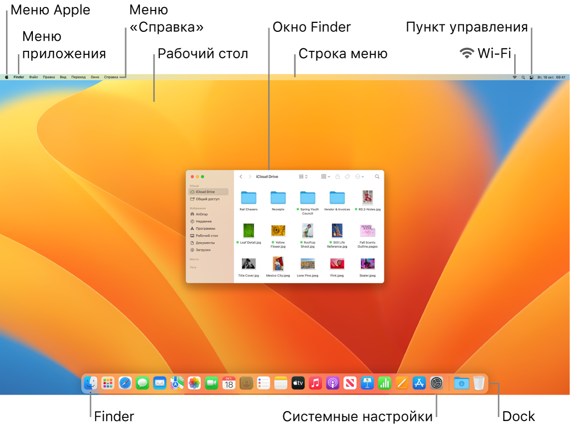 Экран компьютера Mac. Показаны меню Apple, меню приложения, меню «Справка», Рабочий стол, строка меню, окно Finder, значок Wi-Fi, значок Пункта управления, значок Finder, значок Системных настроек и панель Dock.