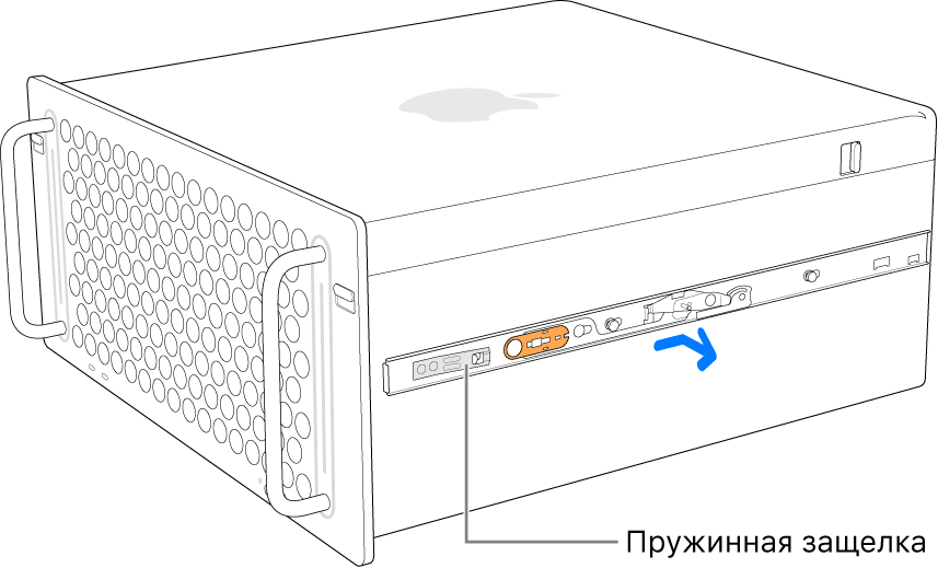 Открепление рельсы от боковой стороны Mac Pro.