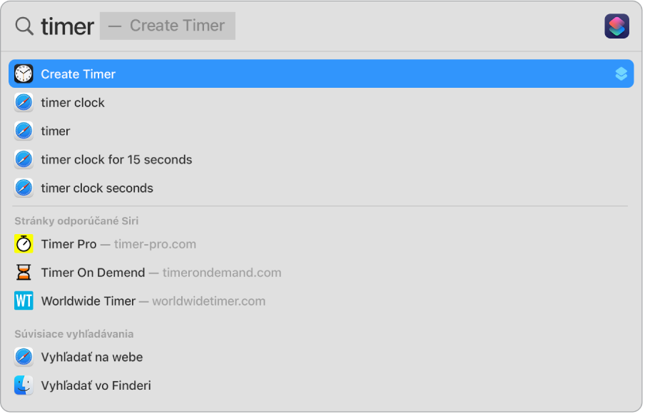 Spotlight vyhľadáva výraz „časovač“ a zobrazí výsledky na použitie rýchlej akcie Vytvoriť časovač.
