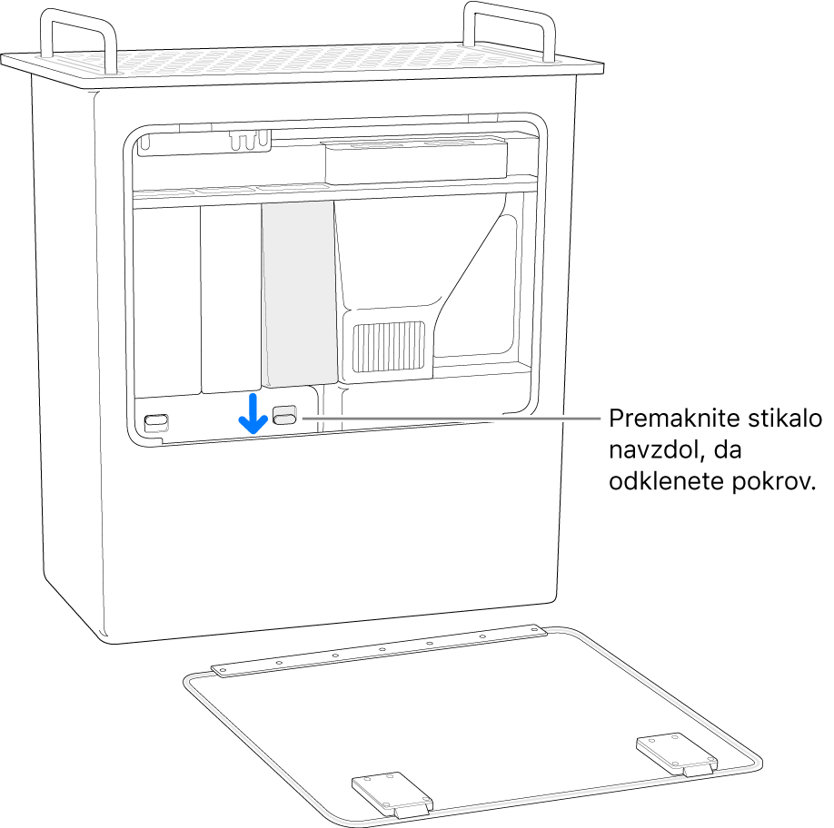 Računalnik Mac Pro stoji na stranici s poudarjenim stikalom za odklepanje pokrova rež DIMM.