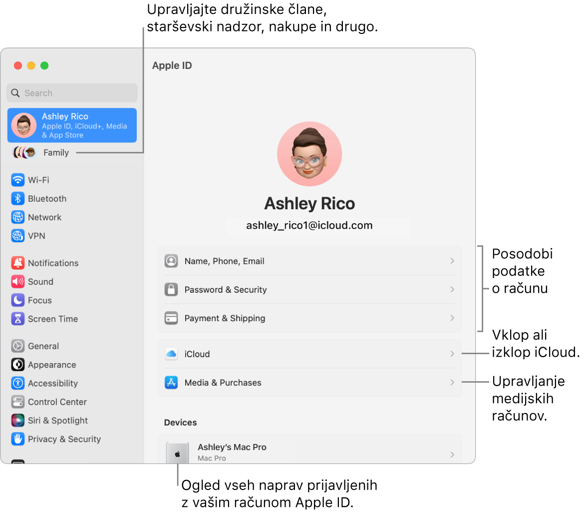 Podokno Apple ID v System Settings z oblački za posodobitev informacij o računu, vklop ali izklop funkcij iCloud, upravljanje predstavnostnih računov in Family, kjer lahko upravljate družinske člane, starševski nadzor, nakupe in še več.