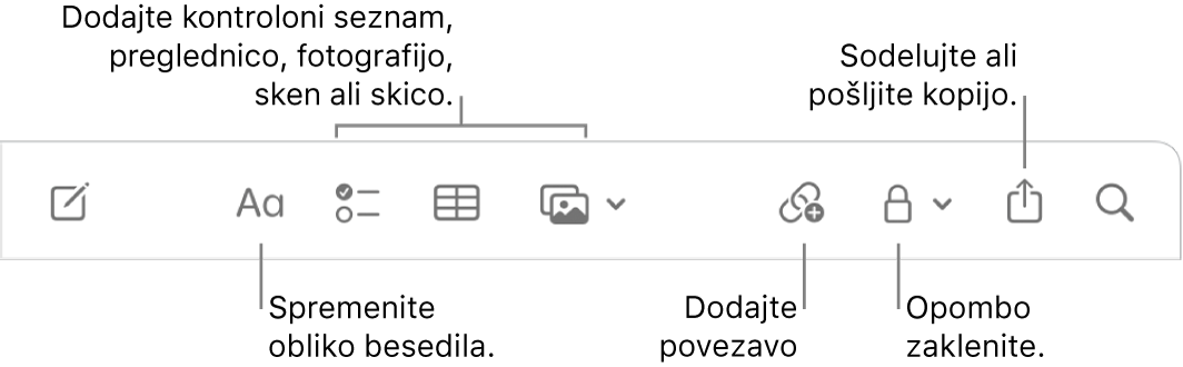 Orodna vrstica Notes z oblački za obliko besedila, kontrolni seznam, tabelo, povezavo, fotografije/medije, zaklenite, delite in pošljite orodja za kopiranje.