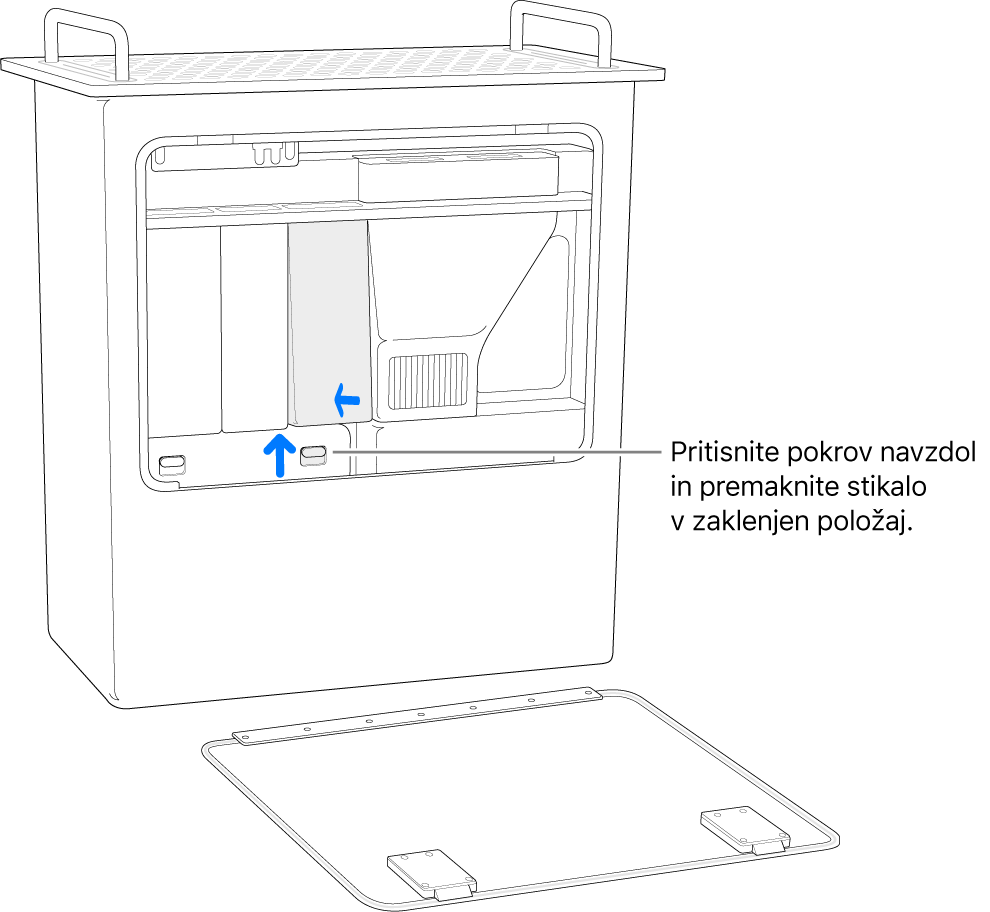 Računalnik Mac Pro stoji na stranici s prikazom, kako premakniti stikalo rež DIMM v zaklenjen položaj.