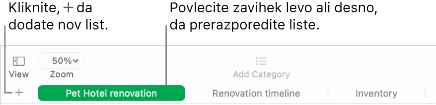 Okno aplikacije Numbers, v katerem je prikazano, kako dodati nov list in kako spremeniti vrstni red listov.