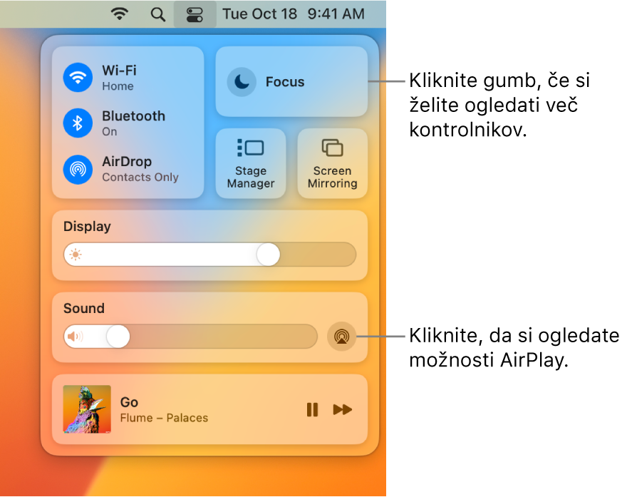 Približan pogled središča Control Center v računalniku Mac.