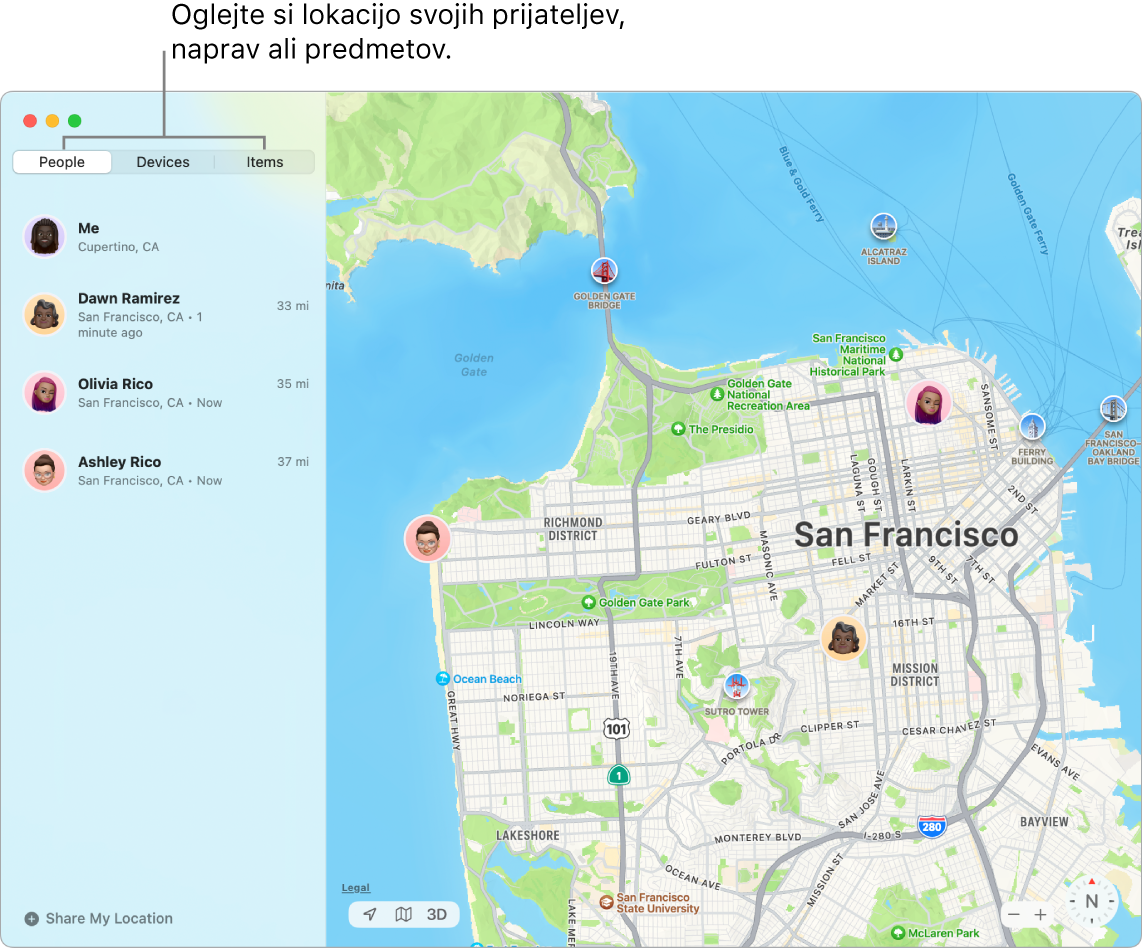 Okno Find My z izbranim zavihkom People na levi strani, na desni strani pa zemljevid San Francisca z vašo lokacijo in lokacijami dveh prijateljev.
