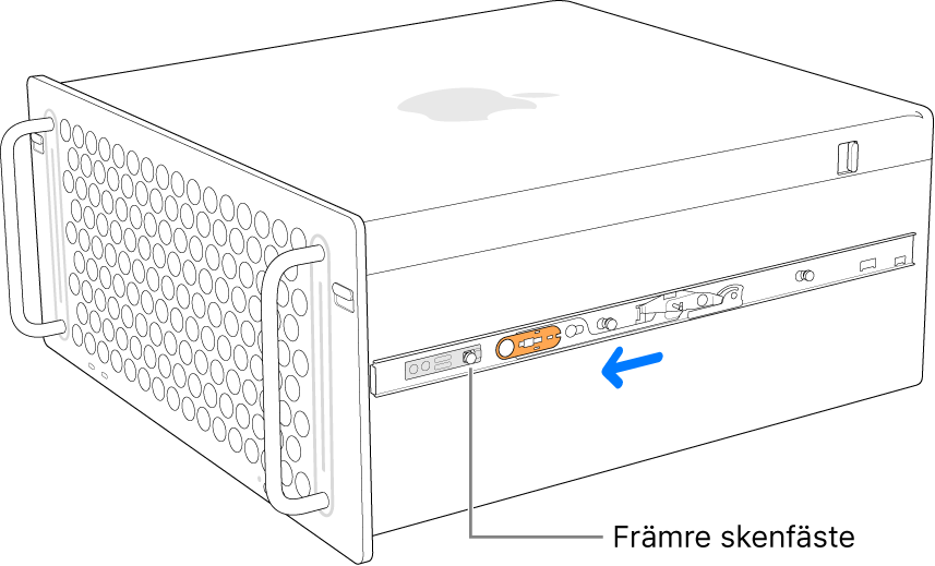 Mac Pro med en skena som dras framåt och låser på plats.