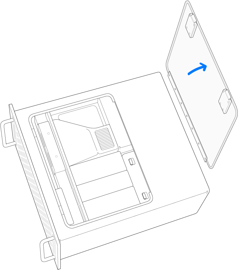 Mac Pro bir kenarında duruyor, çıkarılan erişim paneli vurgulanıyor.