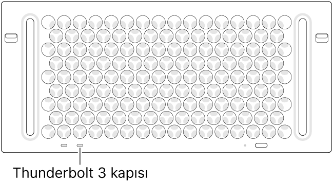 Kullanılacak doğru Thunderbolt 3 kapısının gösterildiği Mac Pro’nun üst kısmı.