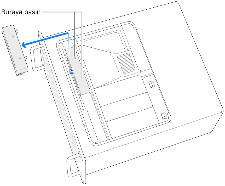 Mac Pro bir kenarında duruyor ve SSD kapağını çıkarmak için nereye basılacağı gösteriliyor.