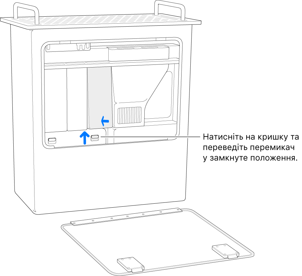 Mac Pro, поставлений задньою панеллю донизу, а також ілюстрація того, як перемістити перемикач DIMM у замкнуте положення.