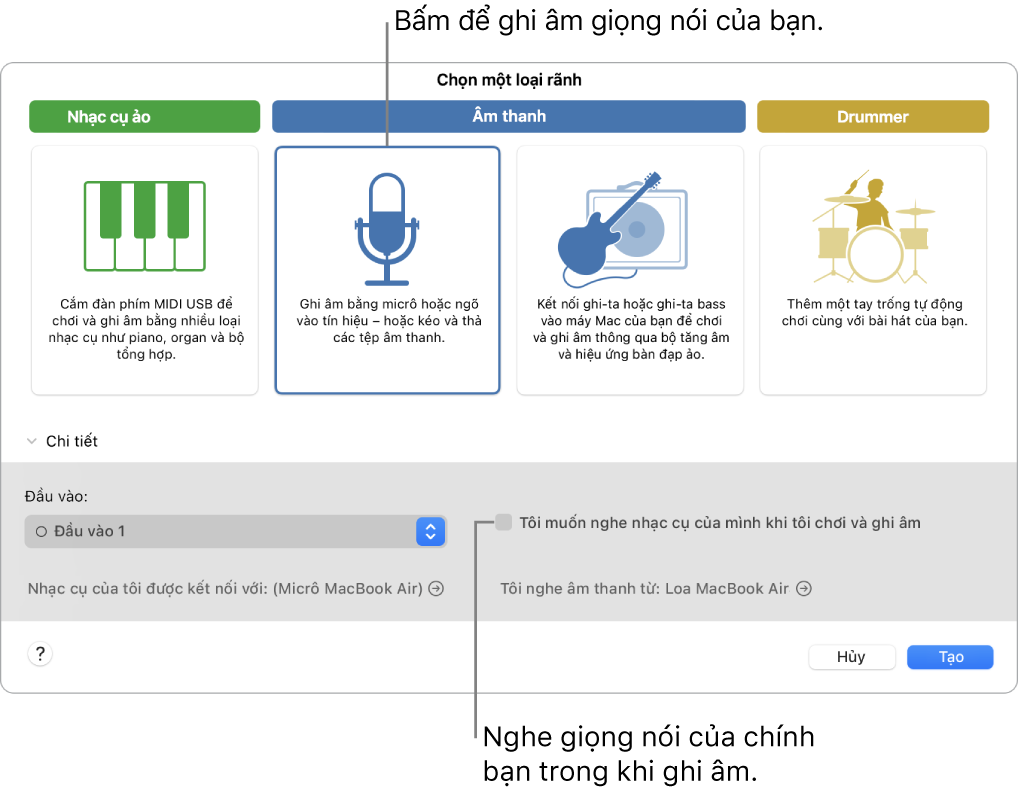 Khung nhạc cụ GarageBand đang hiển thị nơi cần bấm để ghi âm giọng hát và cách nghe chính bạn trong khi ghi âm.