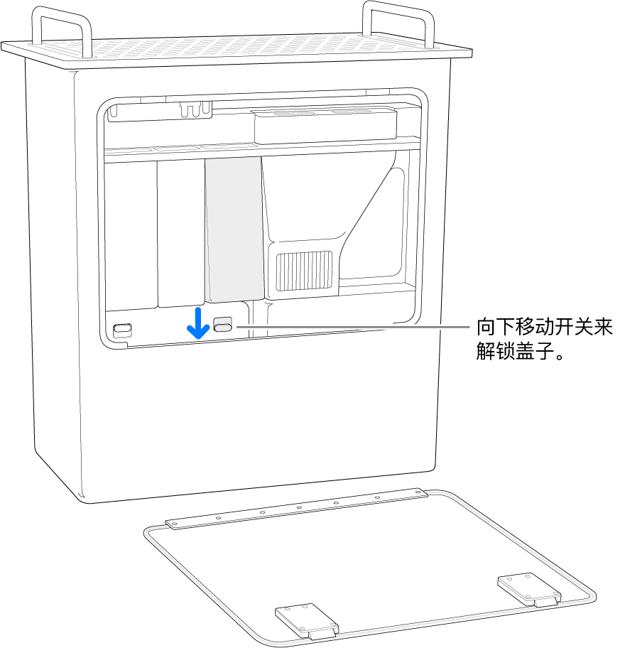 垂直放置的 Mac Pro，高亮标记了用于解锁 DIMM 盖板的开关。