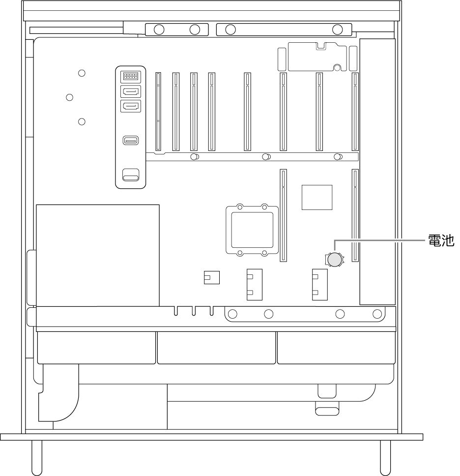 打開的 Mac Pro 側面圖，說明了鈕扣電池的位置。