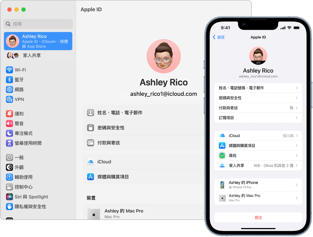 iPhone 和 Mac 上的 iCloud 設定。