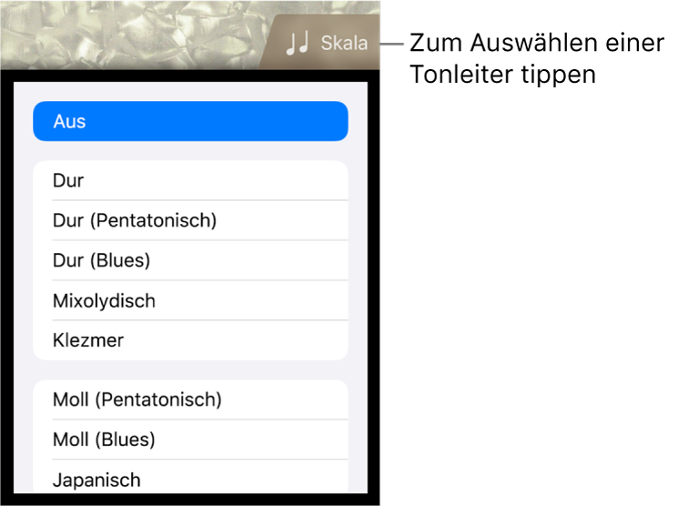Taste „Skala“ und Tonskalenliste für den Bass