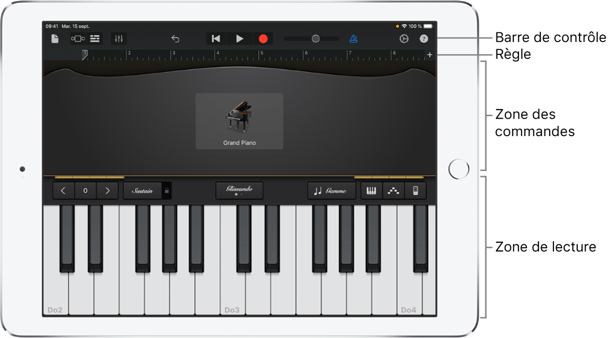 Instrument tactile avec les zones de commandes et de jeu