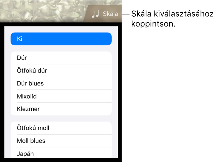 A Basszus Skála gombja és a skálák listája