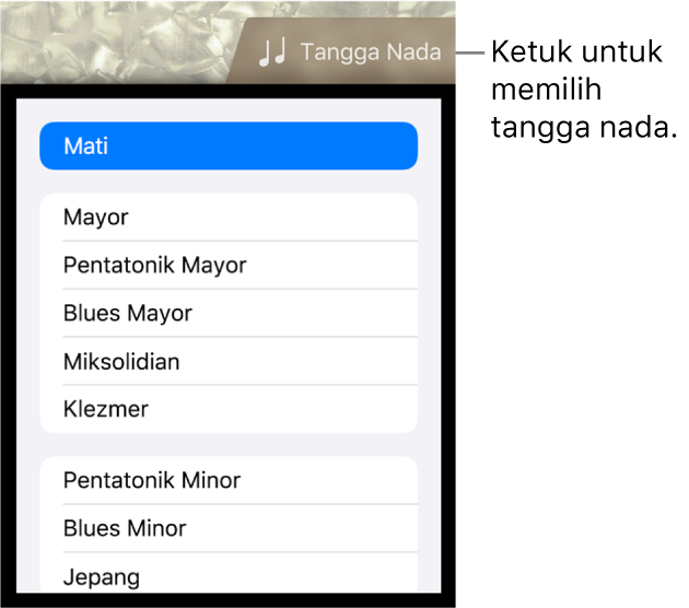 Tombol Tangga Nada Bass dan daftar Tangga Nada