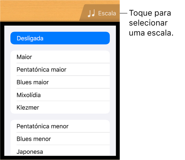 Botão Escala da Guitarra e lista de escalas