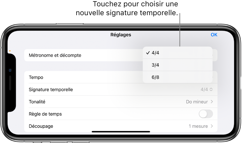 Réglages de signature temporelle dans les réglages du morceau