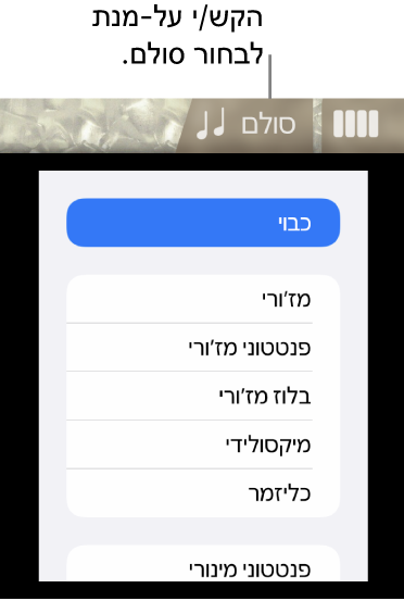 הכפתור ״סולם״ ורשימת הסולמות של הבס