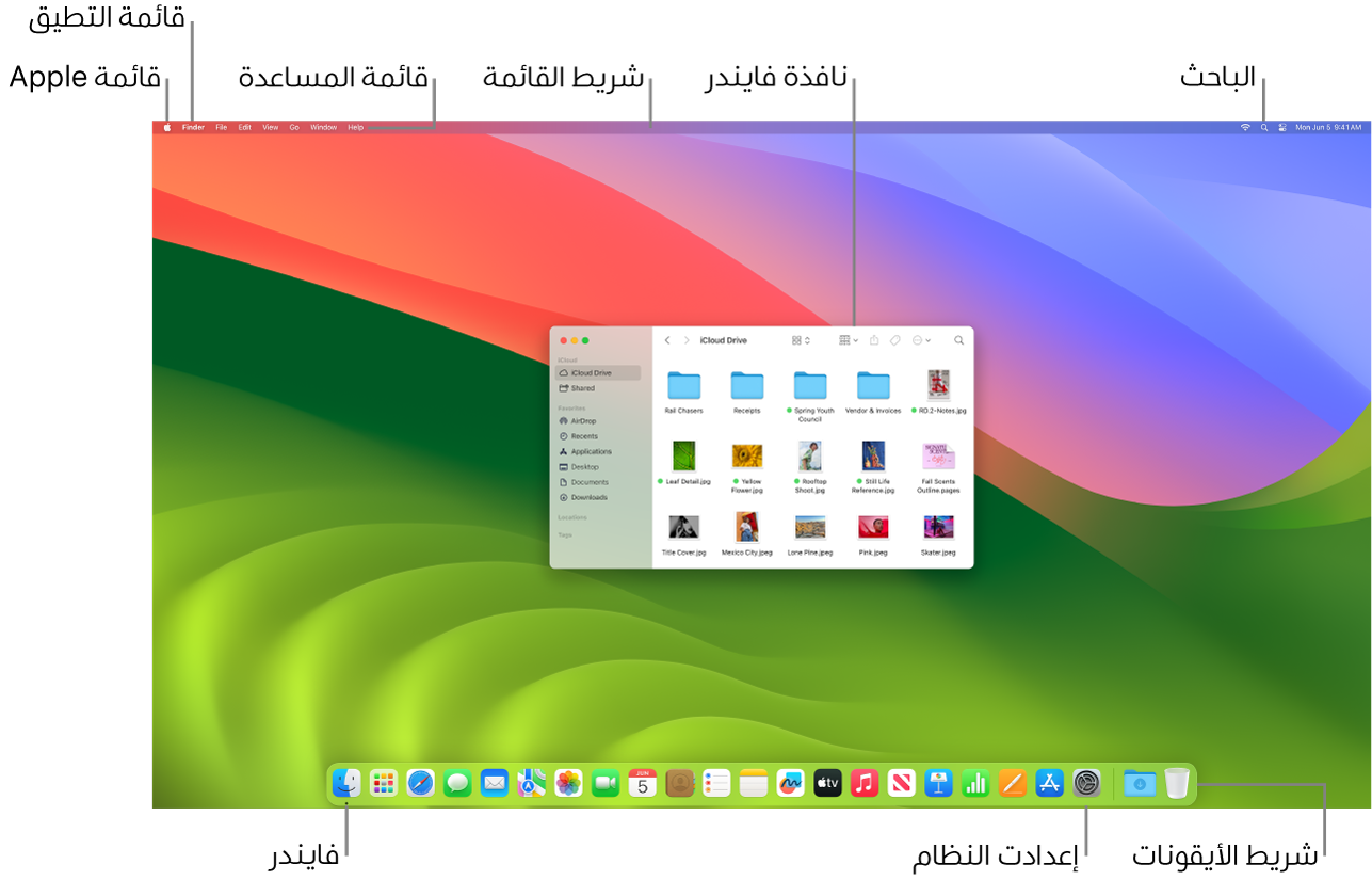 شاشة Mac تعرض قائمة Apple والقائمة مساعدة وشريط القائمة ونافذة فايندر وأيقونة الباحث وأيقونة فايندر وأيقونة إعدادات النظام وشريط الأيقونات.