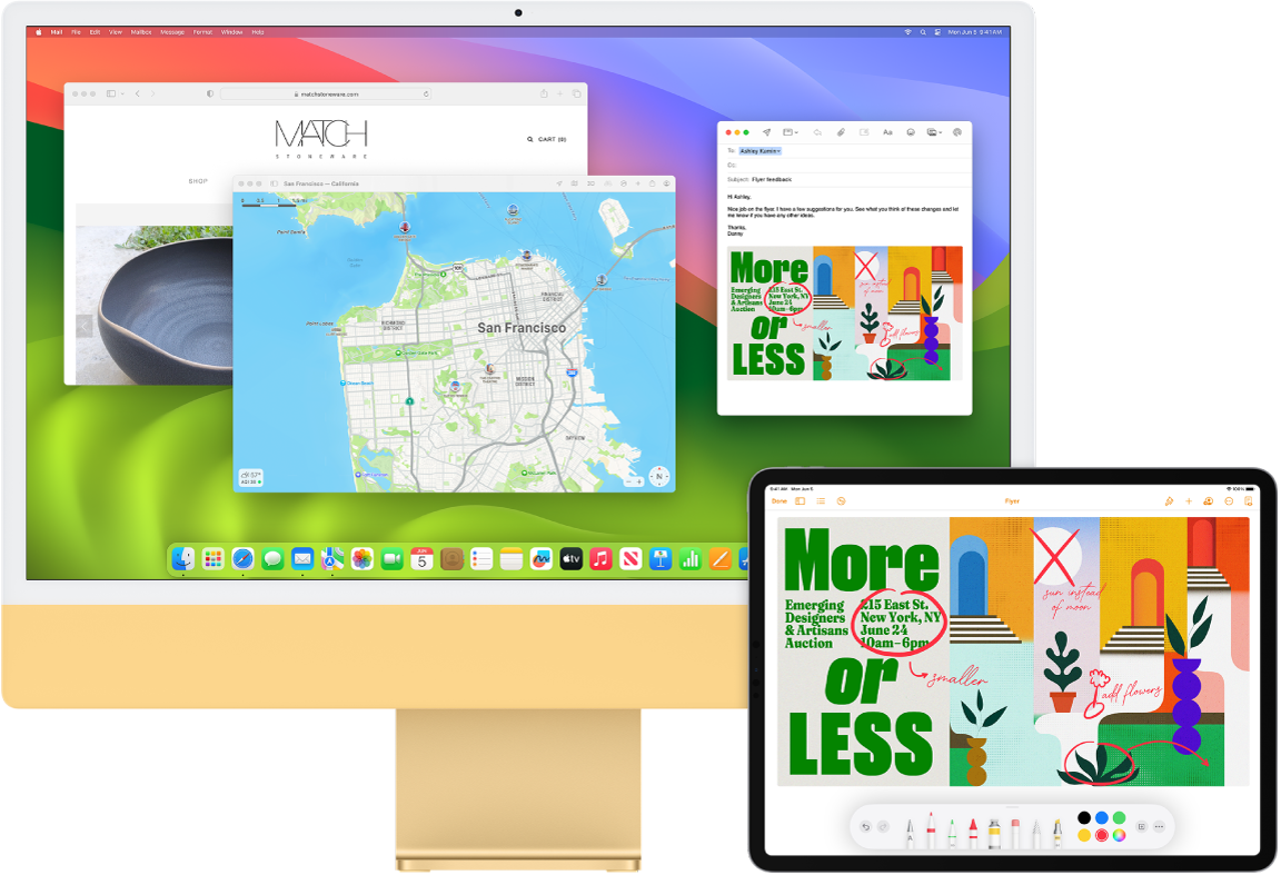 iMac a iPad vedle sebe. Na obrazovce iPadu je vidět leták s anotacemi. Na obrazovce iMacu je vidět zpráva v Mailu, obsahující jako přílohu anotovaný leták z iPadu.
