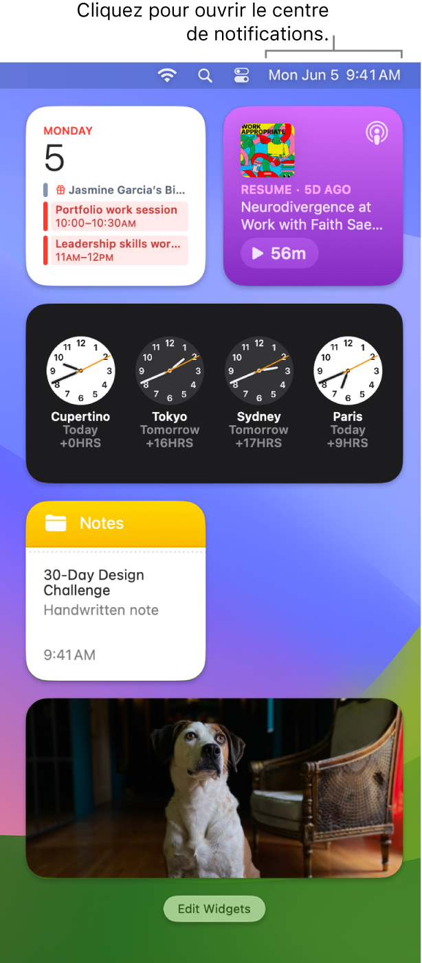 Le centre de notifications avec des notifications et des widgets pour Calendrier, Météo, Horloge et « Temps d’écran ».