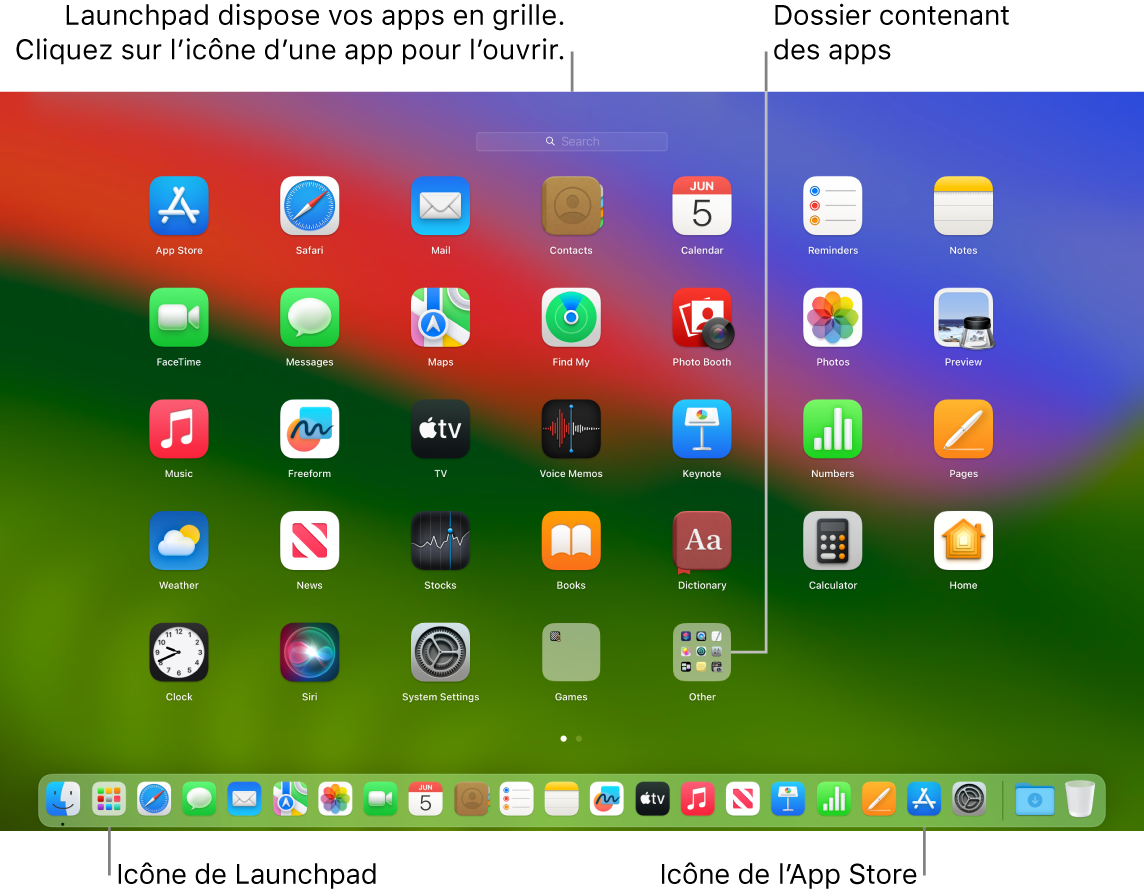 L’écran du Mac avec Launchpad ouvert, affichant un dossier d’apps dans Launchpad, et les icônes Launchpad et App Store dans le Dock.