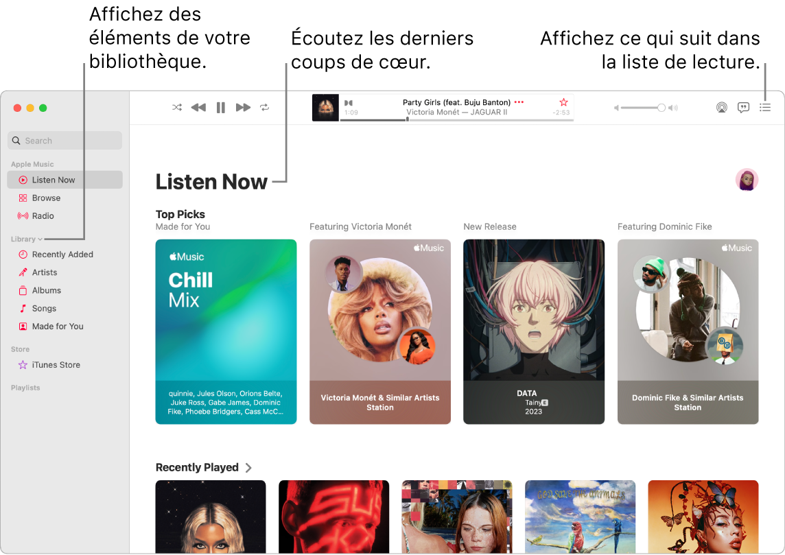 La fenêtre de l’app Musique indiquant comment afficher votre bibliothèque, écouter Apple Music et voir le prochain morceau.