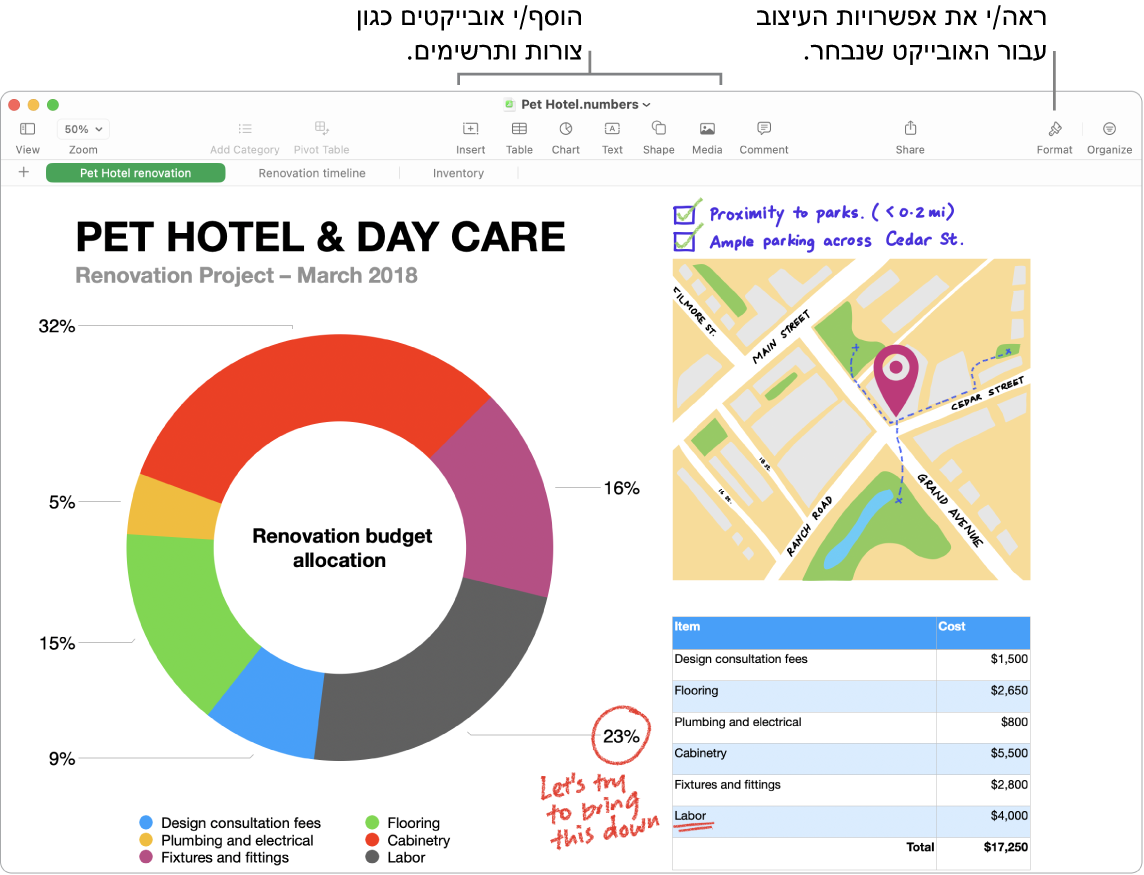 חלון של Numbers עם סרגל הכלים וכלי העריכה שלו בראש החלון, הכפתור ״שתף פעולה״ בסמוך לפינה הימנית העליונה והכפתורים ״עיצוב״ ו״ארגן״ מימין.