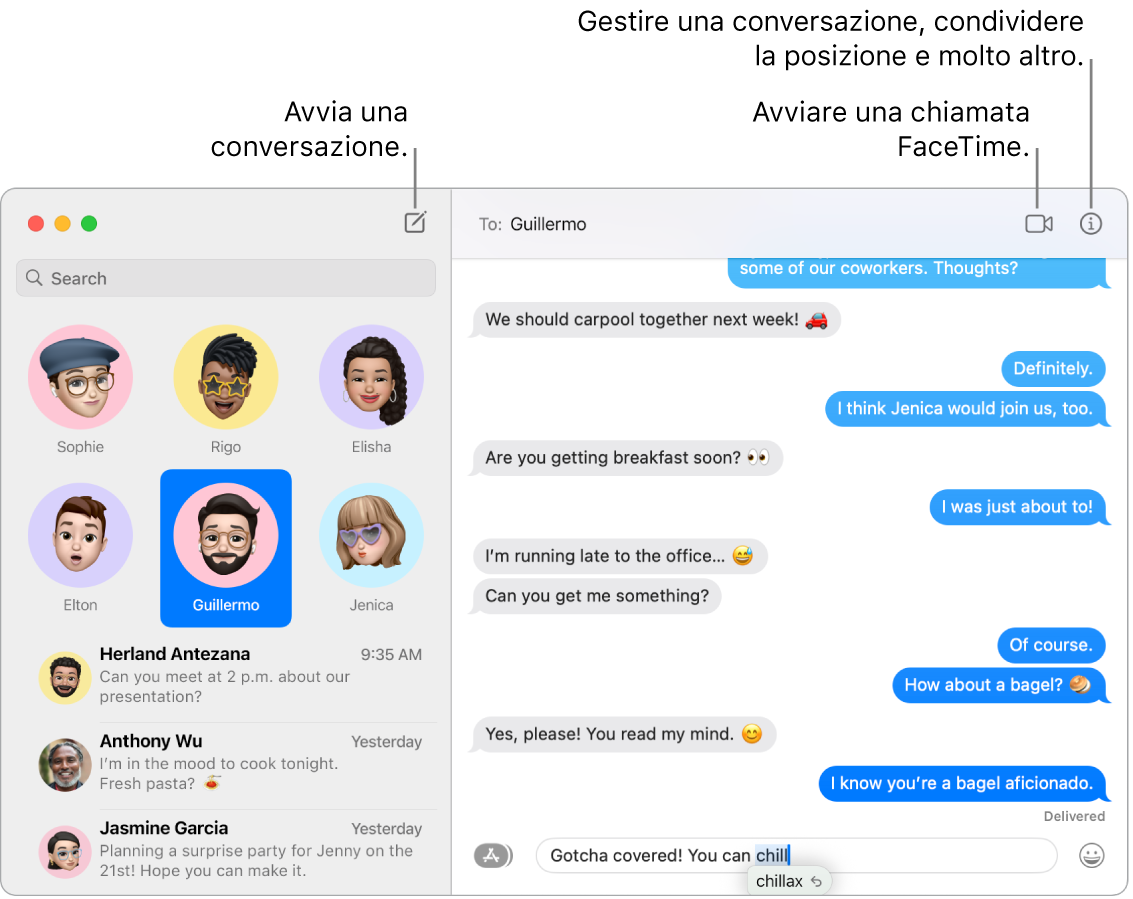 Una finestra di Messaggi che illustra come iniziare una conversazione e una chiamata FaceTime.