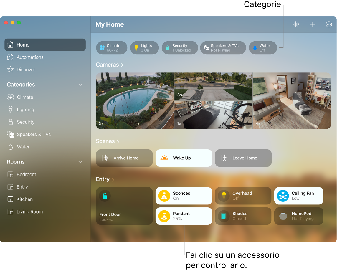 L’app Casa che mostra le categorie, le scene preferite e gli accessori preferiti.