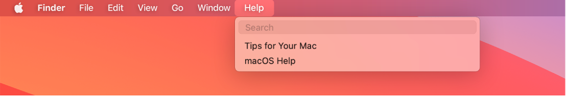 Una vista parziale della scrivania con il menu Aiuto aperto che mostra le opzioni di menu Cerca e Aiuto macOS.