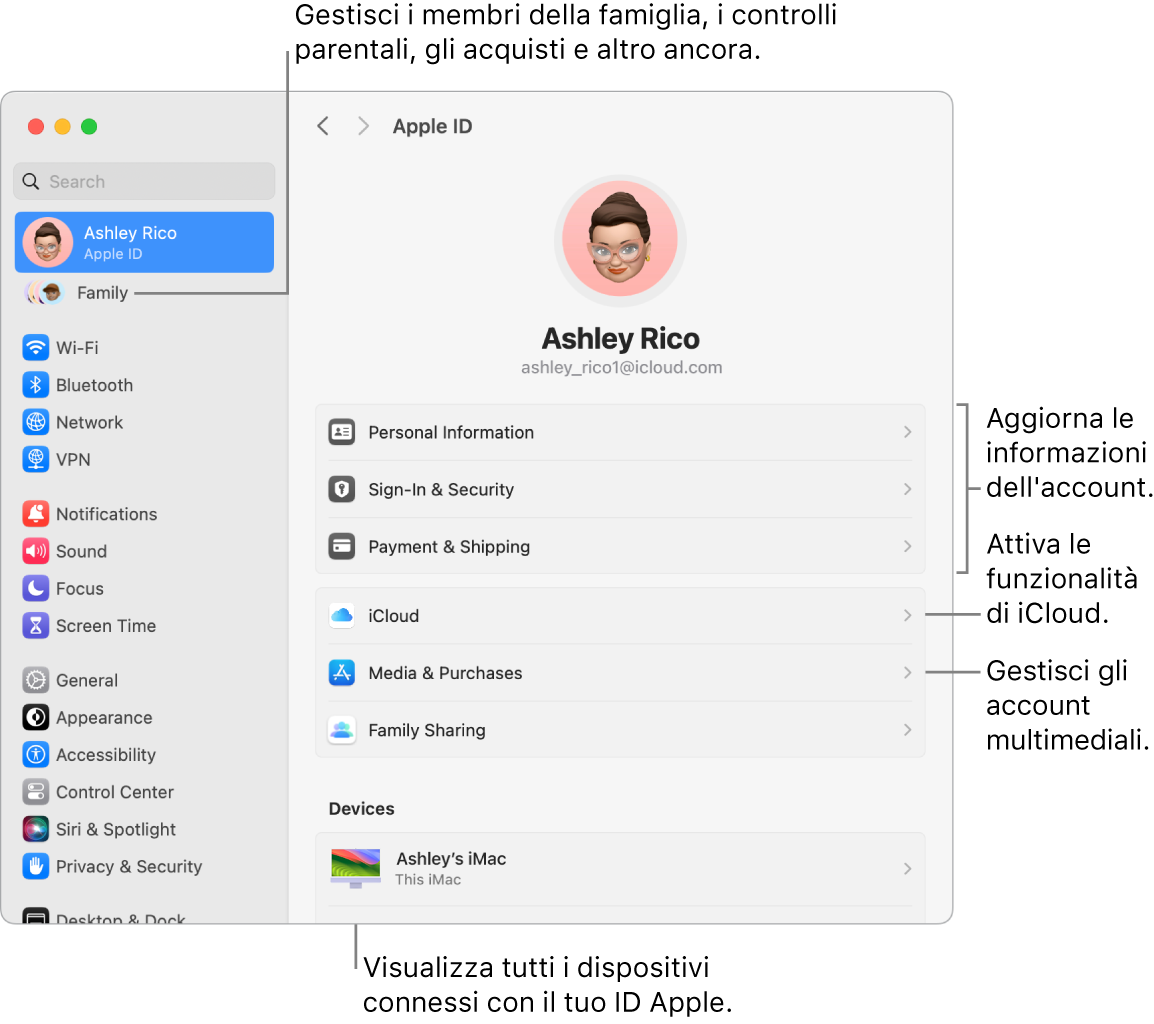 Le impostazioni dell’ID Apple in Impostazioni di Sistema, con didascalie per aggiornare le informazioni dell’account, attivare o disattivare le funzionalità di iCloud, gestire gli account multimediali e Famiglia, dove puoi gestire i membri del gruppo familiare, i controlli parentali, gli acquisti e altro ancora.