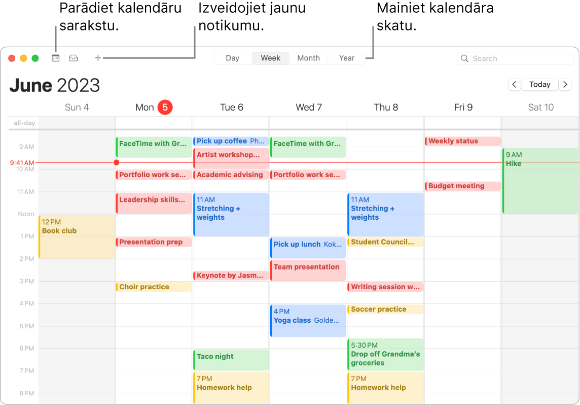 Lietotnes Calendar logā redzams kalendāru saraksts, kā izveidot notikumu un izvēlēties skatu Day, Week, Month vai Year.