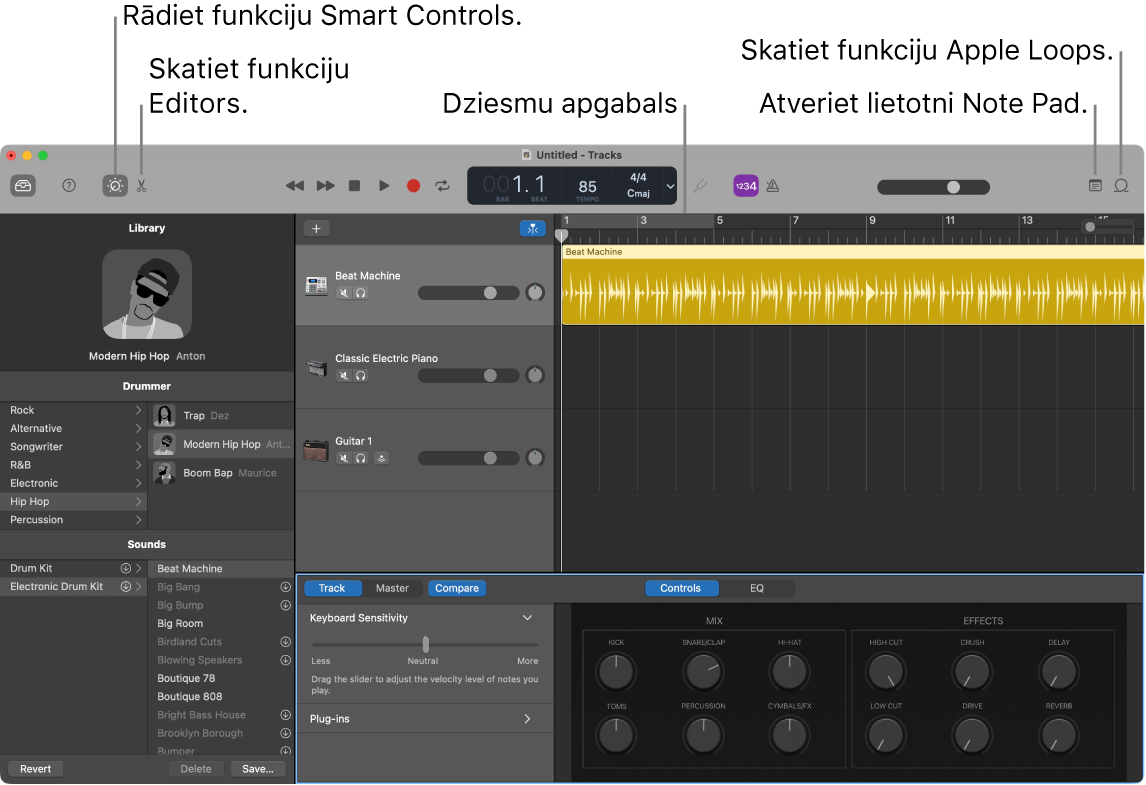 Lietotnes GarageBand logā redzamas pogas piekļuvei funkcijām Smart Controls, Editors, Notes un Apple Loops. Ir redzams arī skaņu celiņu attēlojums.