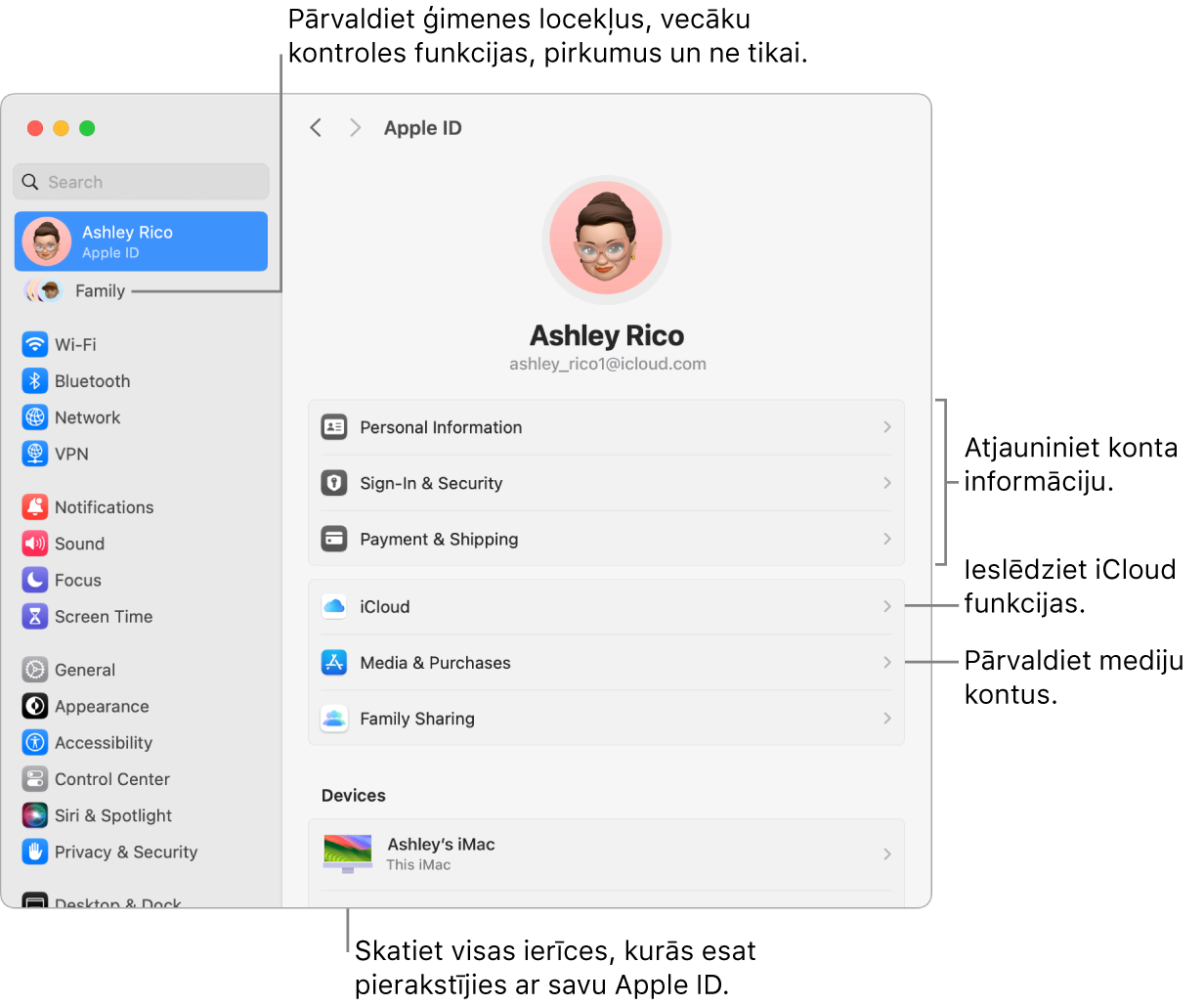 Apple ID iestatījumi izvēlnē System Settings ar remarkām atjaunināt konta informāciju, ieslēgt vai izslēgt iCloud funkcijas, pārvaldīt kontus, un sadaļu Family, kur varat pārvaldīt ģimenes locekļus, vecāku kontroles funkcijas, pirkumus un ne tikai.