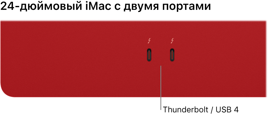 Изображение компьютера iMac с 2 разъемами Thunderbolt/4 разъемами USB.