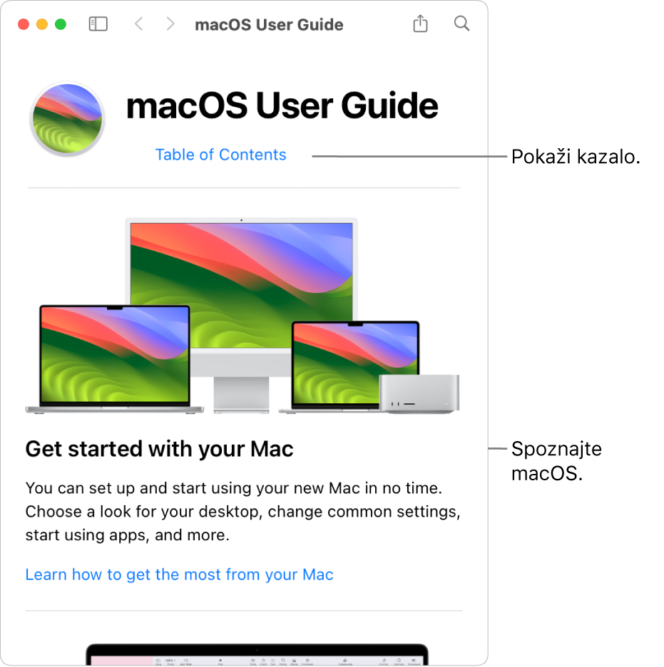 Stran z dobrodošlico uporabniškega priročnika macOS s prikazom povezave do kazala z vsebino.