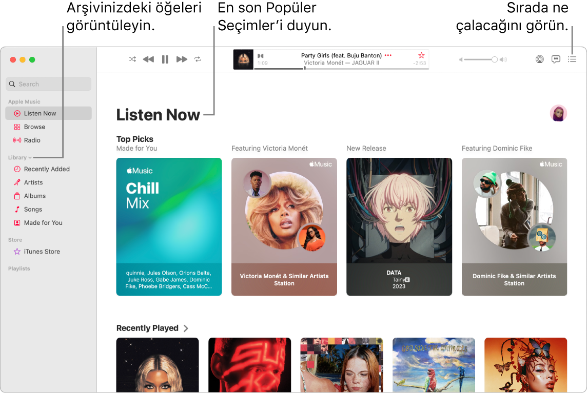 Arşivinizi görüntülemeyi, Apple Music’i dinlemeyi ve sıradaki parçaya bakmayı gösteren bir Müzik uygulaması penceresi.