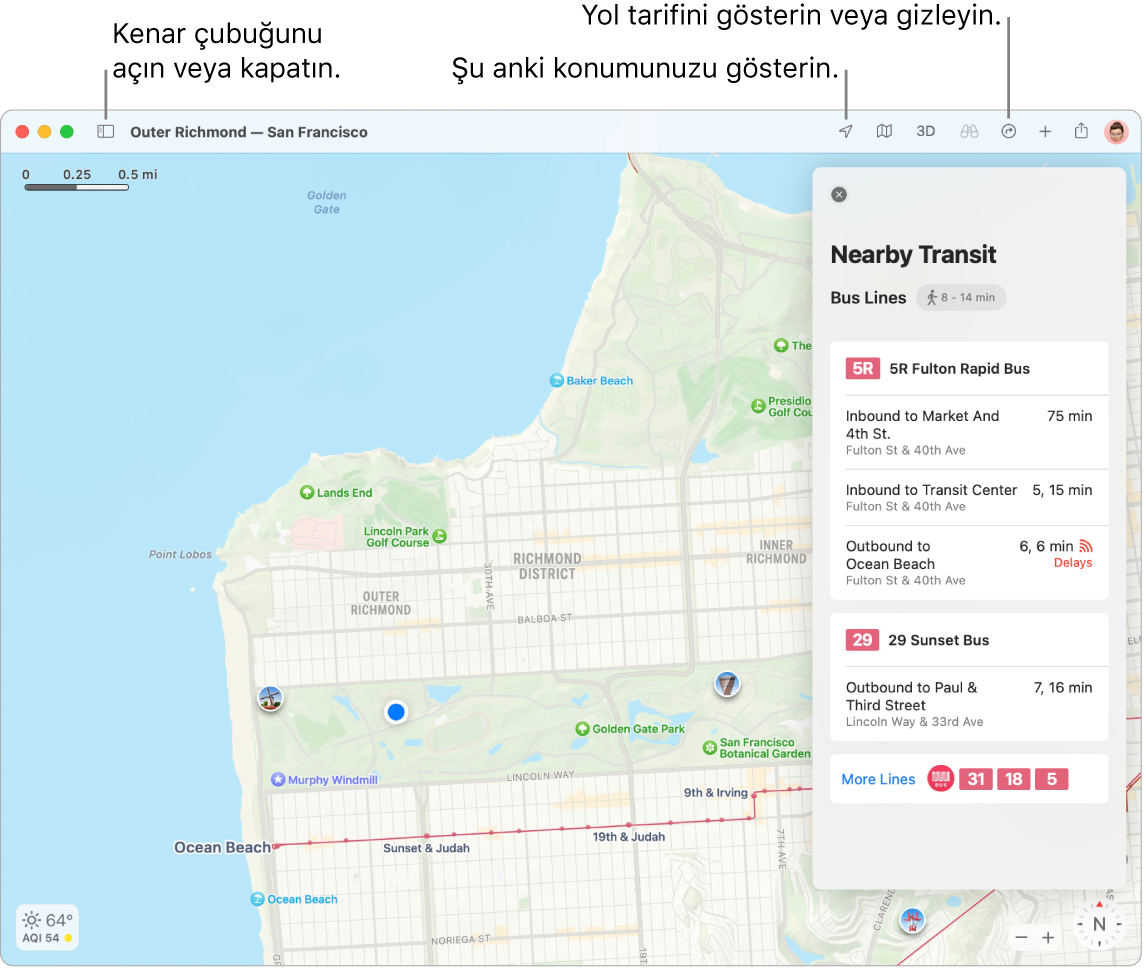 Kenar çubuğunda bir hedefi tıklayarak yol tarifi almayı, kenar çubuğunu açıp kapatmayı ve şu anki konumunuzu haritada bulmayı gösteren bir Harita penceresi.