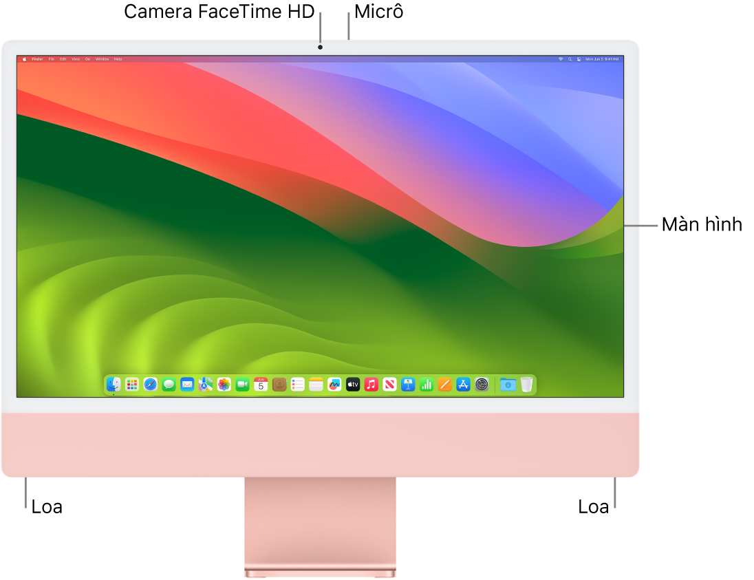 Hình ảnh mặt trước của iMac, đang hiển thị màn hình, camera, micrô và loa.